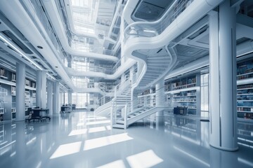 Futuristic interior of modern library. Artificial intelligence concept. AI generative