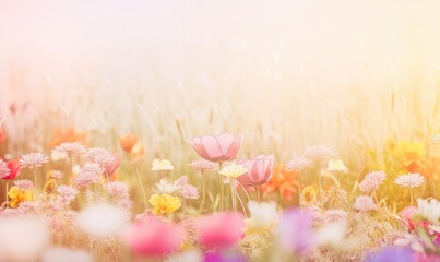  a field full of flowers with the sun shining through the clouds in the background and the grass blowing in the wind in the foreground.  generative ai