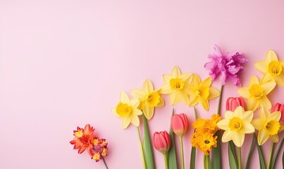  a bunch of flowers that are on a pink surface with a pink background and a pink background with a bunch of yellow and pink flowers.  generative ai