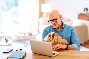 Confident mid aged man using laptop at home and his spaniel puppy sitting in his lap
