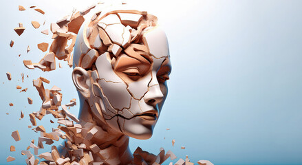 Human head brokent into pieces. mental disorder, psychological problems concept. AI generative