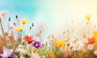  a bunch of flowers that are sitting in the grass with the sky in the background of the picture and a blue sky in the background.  generative ai