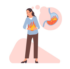 Young woman suffers from heartburn. Girl with digestive problem. Stomach in fire flames. Abdomen heat. Painful gastric syndrome. Disease discomfort symptom. Abdominal pain. Vector concept