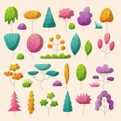 Flat tree. Garden natural floral collection of weather symbols recent vector trees bushes minimalism style