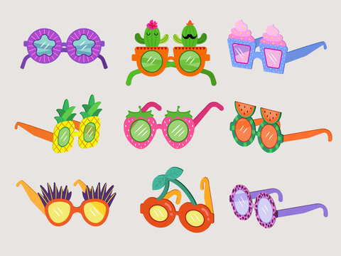Party glasses. Funny fashioned items for eye decoration recent vector colored sunglasses