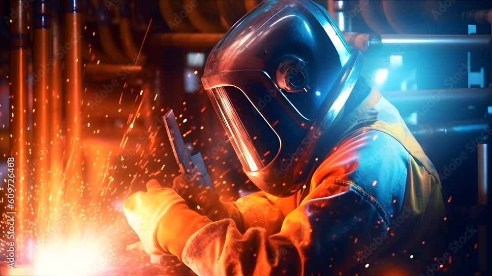 Poster a man in a hazmat suit welding metal in a factory. created with generative ai technology.