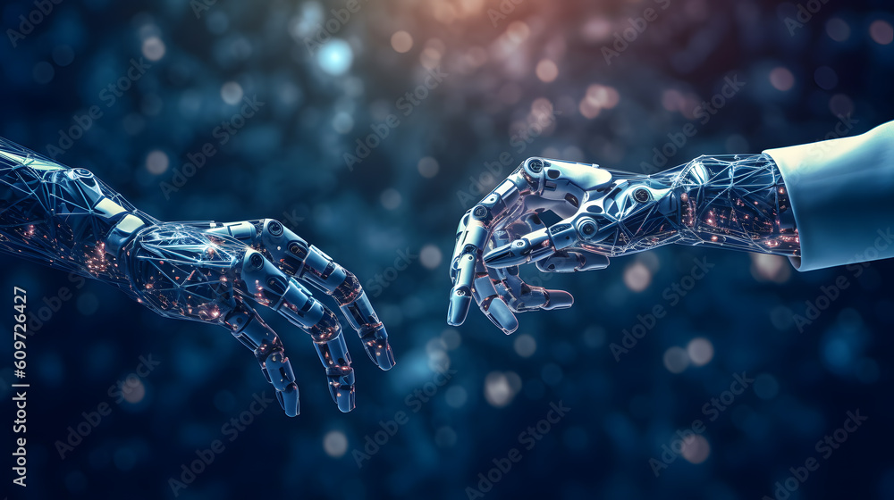 Poster cyborg hands as a symbol of the connection between artificial intelligence technology. created with 