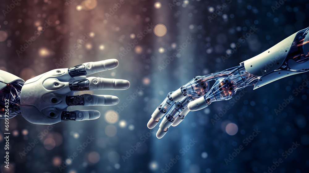 Poster cyborg hands as a symbol of the connection between artificial intelligence technology. created with 