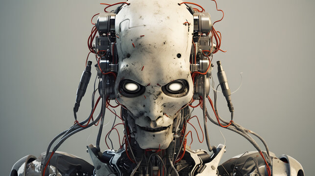 Portrait of an evil cyborg looking into the camera. Created with Generative AI technology.