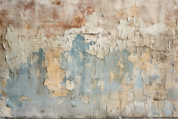 A dilapidated grunge wall, its rough surface covered in layers of chipped paint, AI generation