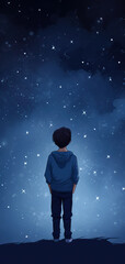 Fototapeta na wymiar boy looking at night starry sky with glitter glow galaxy flicker above Generative Ai