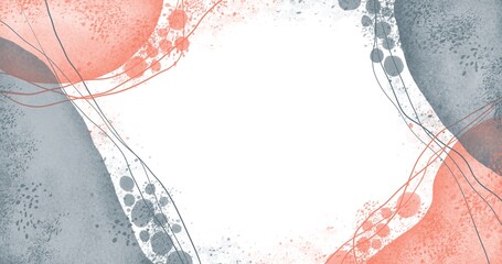 Abstract watercolor blue and pink waves with chaotic spots and lines.