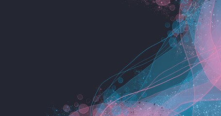 Abstract drawn blue and pink waves with chaotic spots and lines on a dark background.