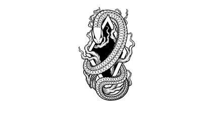Hand drawn decorative illustration of a snake in the branches of a tree in a black rhombus.