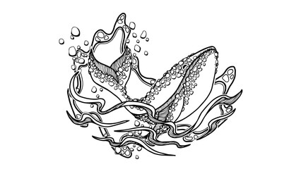 Hand drawn decorative illustration of a whale in stones and waves.