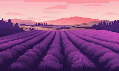  a field of lavender flowers with a sunset in the background and hills in the distance with trees and hills in the foreground, and a pink sky.  generative ai