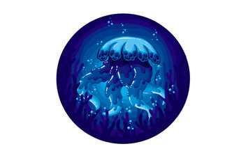 Illustration of a blue wavy jellyfish on a blue background with bubbles and algae.