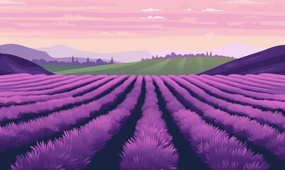  a painting of a lavender field with mountains in the distance and a pink sky in the background with clouds in the sky and a pink sky.  generative ai