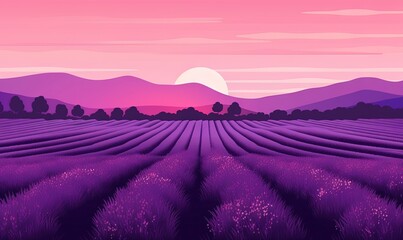Fototapeta na wymiar a lavender field with a sunset in the background and hills in the distance with trees and bushes in the foreground and a pink sky. generative ai