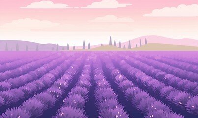 Fototapeta na wymiar a lavender field with trees in the distance and a pink sky in the background with clouds in the sky and hills in the distance, and a pink sky with clouds. generative ai