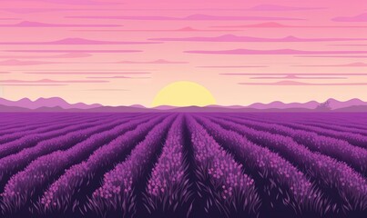  a painting of a lavender field with the sun setting in the distance and mountains in the distance in the distance, with a pink sky and purple hued background.  generative ai
