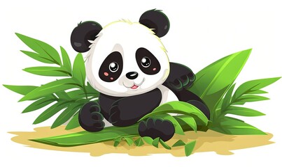  a panda bear sitting on top of a lush green leafy plant with a smile on its face and eyes, on a white background.  generative ai