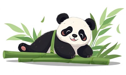  a panda bear sitting on top of a bamboo plant with a green strap around it's neck and eyes closed, with a smile on its face.  generative ai