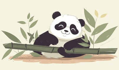 Naklejka premium a panda bear sitting on a bamboo stick in a forest of green leaves and branches, with a neutral background, with a white background. generative ai