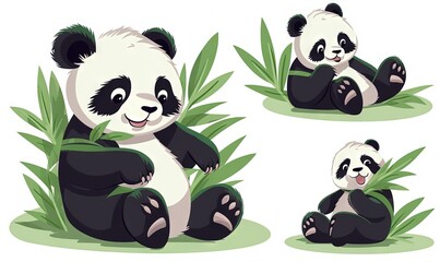  a panda bear sitting on the ground and eating bamboo leaves in four different poses, with different poses of the same panda bear sitting on the ground.  generative ai