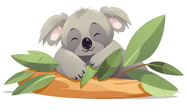  a koala bear sitting on top of a tree branch with leaves on it's back and its eyes closed, with its head resting on a leafy branch.  generative ai