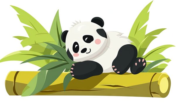  a panda bear is sitting on a log and eating bamboo leaves on a white background with a green leafy plant in the foreground.  generative ai