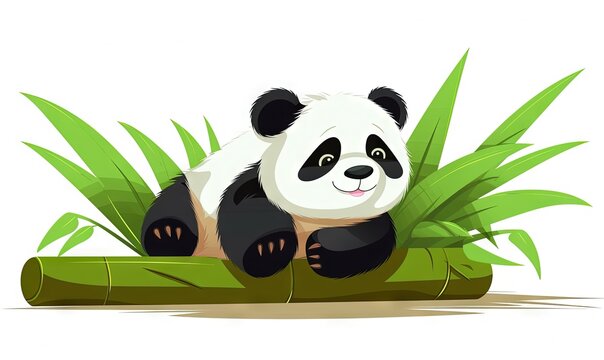  a panda bear sitting on top of a bamboo log on a white background with green grass and leaves around it, with a smiling face.  generative ai