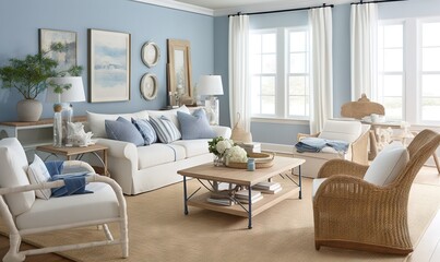  a living room filled with furniture and a window covered in white curtains and a blue wall with a painting on it's wall behind it.  generative ai