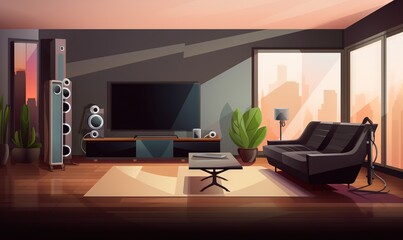  a living room with a couch, chair, and a large screen tv in it's center window with a city view behind it.  generative ai