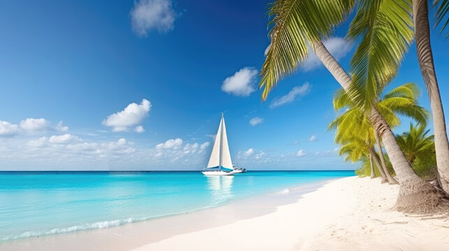 Tropical Caribbean beach scene with sailboat as island landscape (Generative AI)