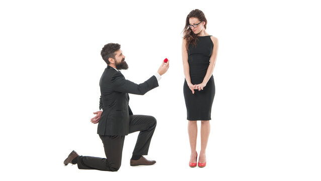 romantic date surprise. family life anniversary. tuxedo man proposing elegant woman marry him. couple in love. valentines day gift. gift with love. jewelry for engagement. couple getting engaged