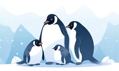  a group of penguins standing next to each other on a snow covered ground with a mountain in the background with snow on the ground and snow on the ground.  generative ai