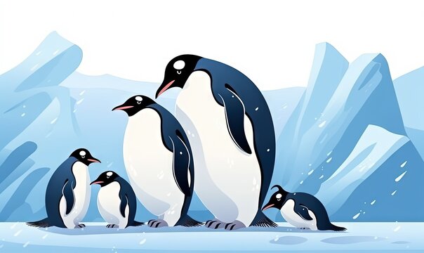  a group of penguins standing on top of a snow covered ground next to icebergs in the background with snow on the ground and rocks.  generative ai