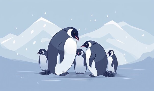  a group of penguins are standing in the snow with a mountain in the backgroup of the picture in the background and snow on the ground.  generative ai
