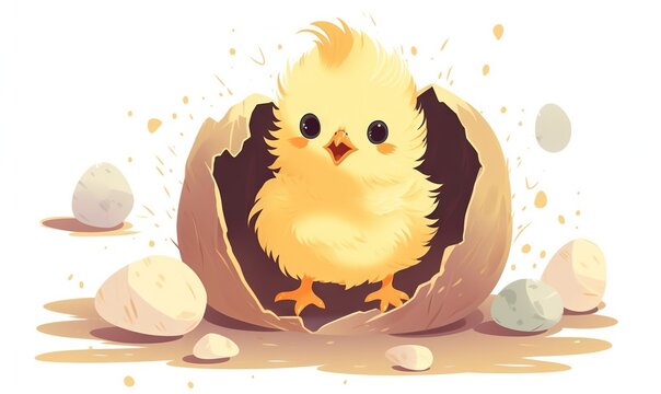  a small yellow chicken sitting inside of an egg shell with eggs scattered around it on a white background with a splash of paint on it.  generative ai