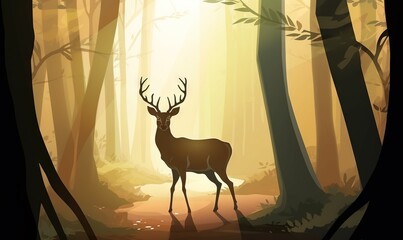 a deer standing in the middle of a forest with tall trees and sunlight shining through the trees on the side of the forest is a path.  generative ai