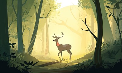  a deer standing in the middle of a forest at night with the sun shining through the trees and the light coming through the trees behind it.  generative ai