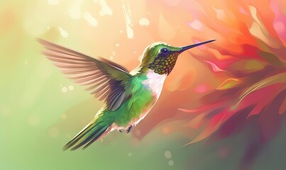 Fototapeta premium a hummingbird flying in front of a colorful background with a flower in the foreground and a blurry background with a flower in the foreground. generative ai