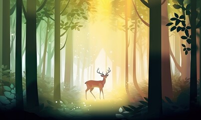  a deer standing in the middle of a forest with a bright light coming through the trees on its back end of its antelope.  generative ai