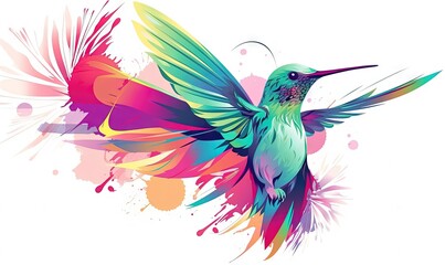  a colorful hummingbird flying in the air with paint splatters on it's wings and wings, with a splash of color on the back ground.  generative ai