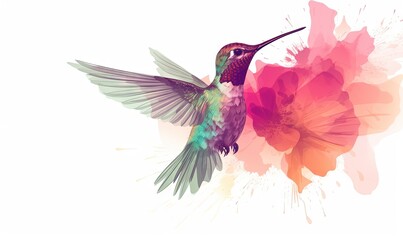  a colorful hummingbird flying with its wings spread out and a flower in the foreground of the image is a white background with a splash of pink, red, yellow, pink, and green, and blue.  generative ai