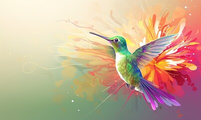 Fototapeta premium a colorful hummingbird flying with its wings spread out and colorful paint splatters all over it's body and wings and body. generative ai
