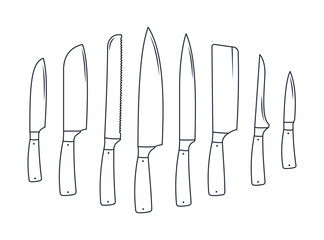 BIg set of line kitchen knives types. Knife for meat, fish, butter and other different vector icons.