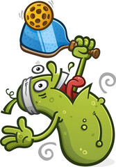 Crazy energetic pickle cartoon mascot playing an insane game of pickleball on the court serving the ball with fury vector character illustration