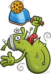 Crazy energetic pickle cartoon mascot playing an insane game of pickleball on the court serving the ball with fury vector character illustration